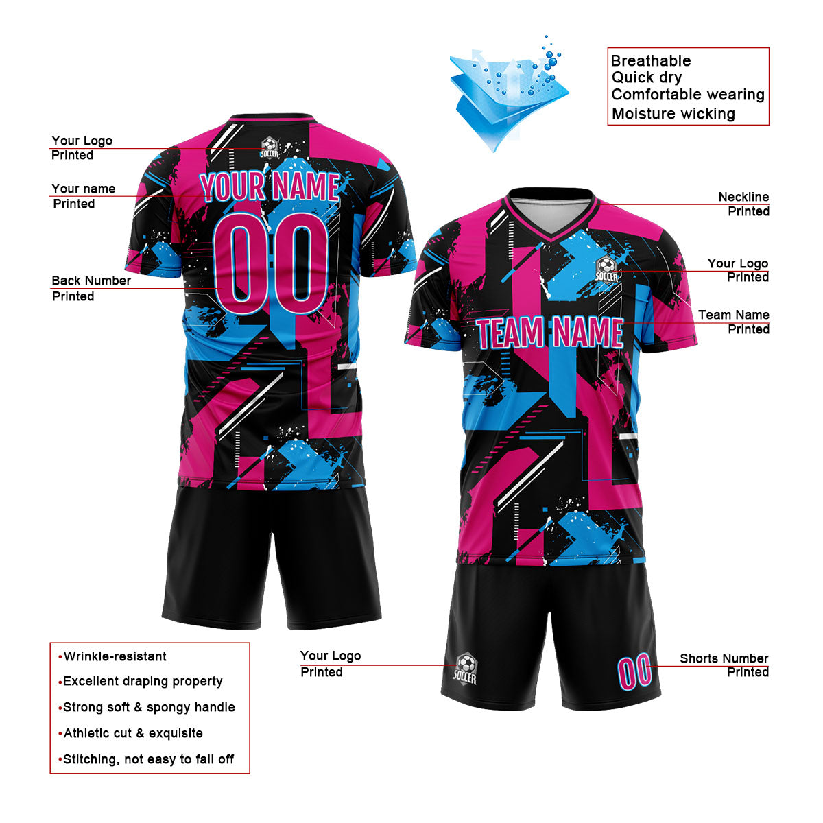Benutzerdefinierte Rosa Hellblau Fußball Trikots für Männer Frauen Personalisierte Fußball Uniformen für Erwachsene und Kind