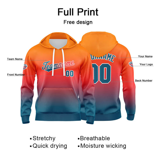 Benutzerdefinierter Verlauf Hoodie für Mann, Frau, Mädchen, Junge. Drucken Sie Ihr Logo, Ihren Namen und Ihre Nummer Orange Lake Blau