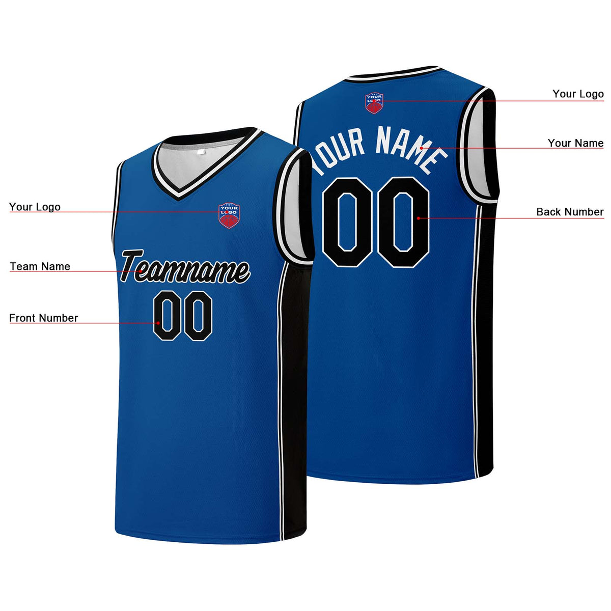Individuelle Basketball-Jersey-Shorts für Männer und Frauen. Gestickter und gedruckter Name, Nummer und Logo Blau