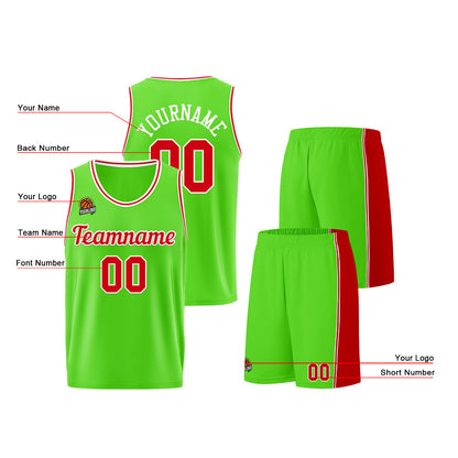Individuelle Neongrün-Rot Basketball Jersey Shorts für Männer und Frauen Gestickter und gedruckter Name, Nummer und Logo