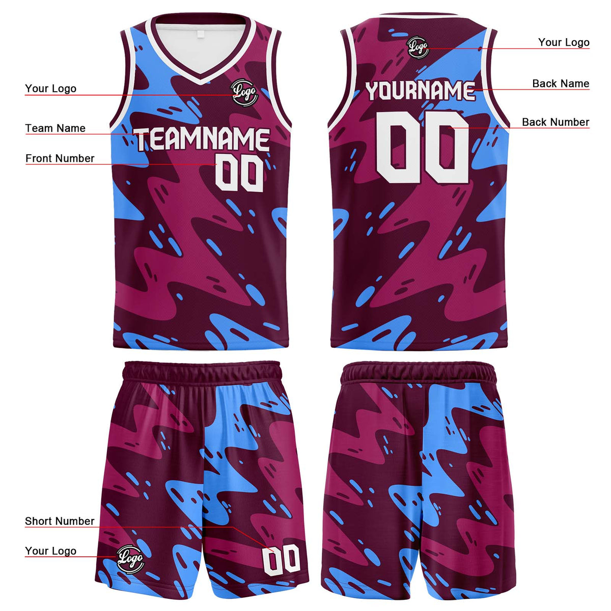 Benutzerdefinierter Burgunder Light Basketball Jersey Uniform Anzug gedruckt Ihr Logo Name Nummer
