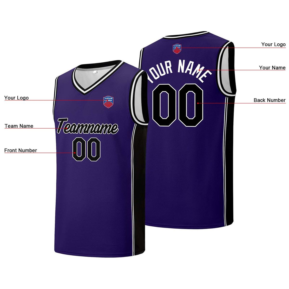 Individuelle Basketball-Jersey-Shorts für Männer und Frauen. Gestickter und gedruckter Name, Nummer und Logo Lila&Schwarz