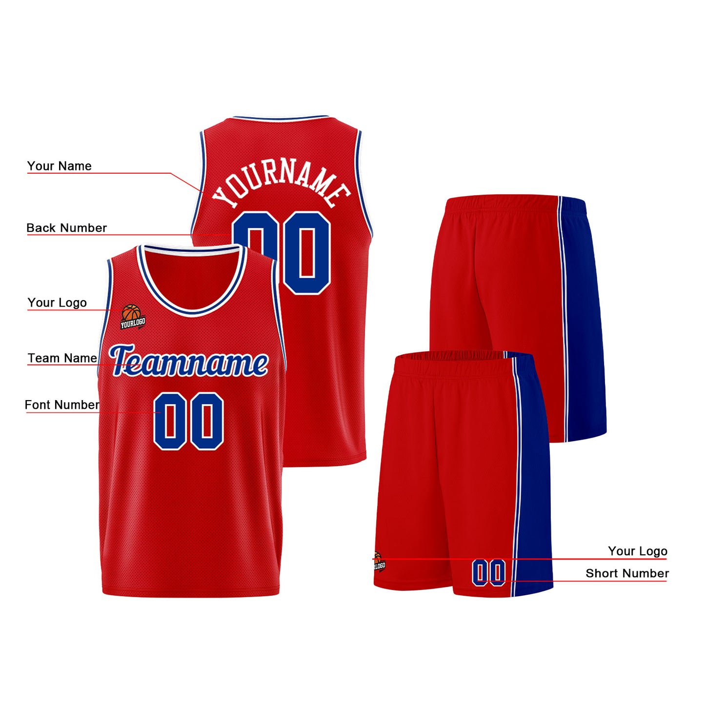 Individuelle Rot Hellblau Basketball Jersey Shorts für Männer und Frauen Gestickter und gedruckter Name, Nummer und Logo
