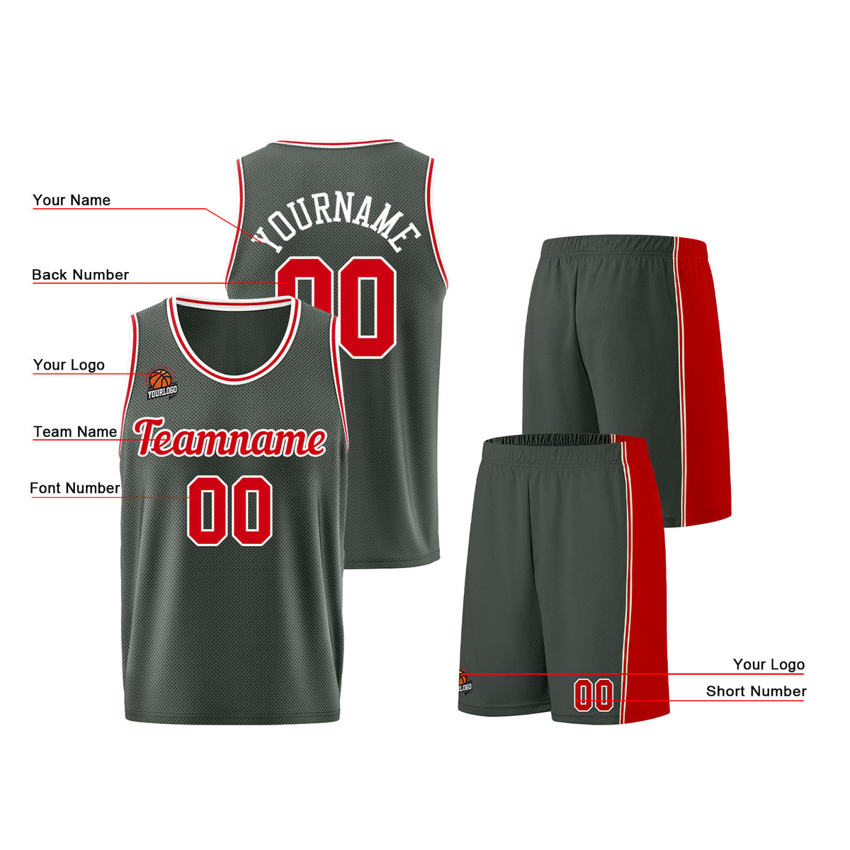 Individuelle Dunkelgrau-Rot Basketball Jersey Shorts für Männer und Frauen Gestickter und gedruckter Name, Nummer und Logo