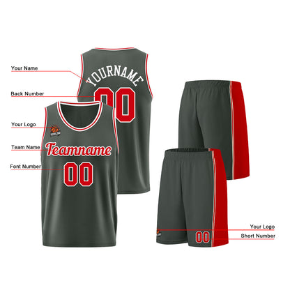 Individuelle Dunkelgrau-Rot Basketball Jersey Shorts für Männer und Frauen Gestickter und gedruckter Name, Nummer und Logo