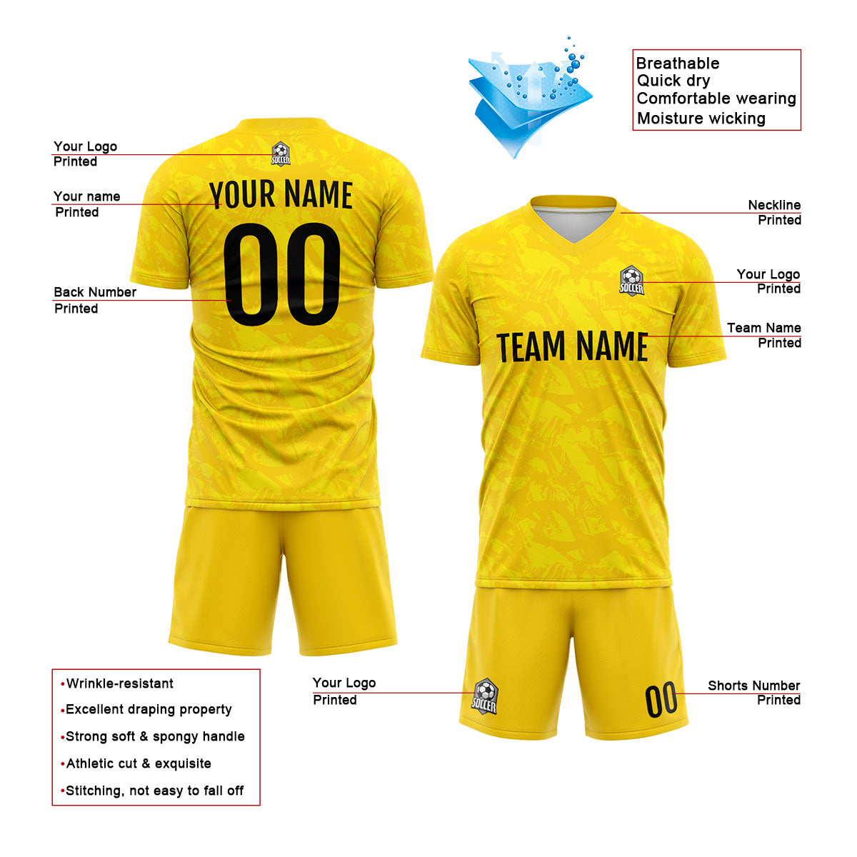 Benutzerdefinierte Gelb Fußball Trikots für Männer Frauen Personalisierte Fußball Uniformen für Erwachsene und Kind