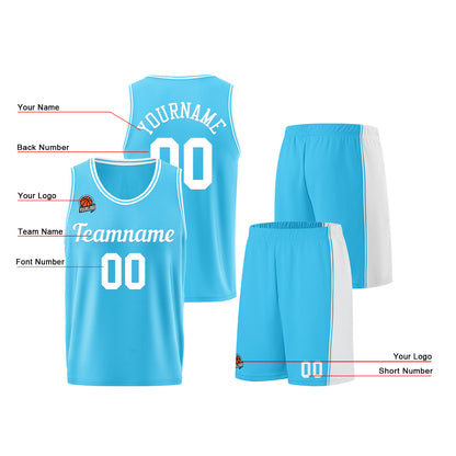 Individuelle Hellblau Weiß Basketball Jersey Shorts für Männer und Frauen Gestickter und gedruckter Name, Nummer und Logo
