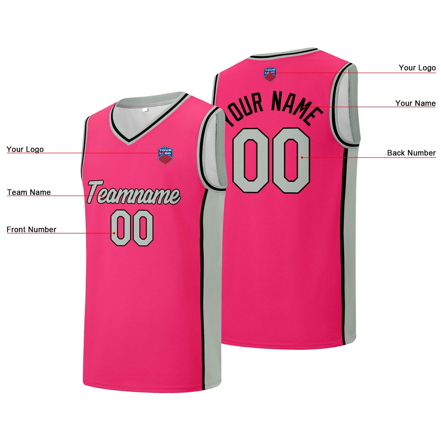 Individuelle Basketball-Jersey-Shorts für Männer und Frauen. Gestickter und gedruckter Name, Nummer und Logo Rosa