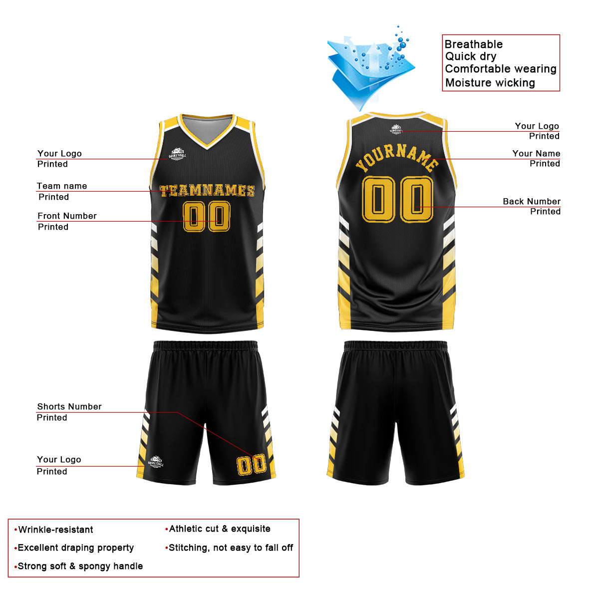 Benutzerdefinierter Schwarz Gelb Basketball Jersey Uniform Anzug gedruckt Ihr Logo Name Nummer