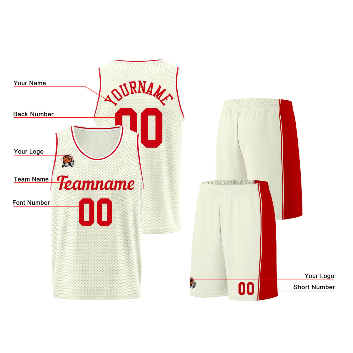 Individuelle Creme-Rot Basketball Jersey Shorts für Männer und Frauen Gestickter und gedruckter Name, Nummer und Logo