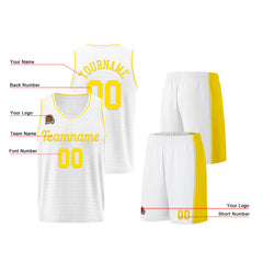 Individuelle Weiß-Gelb Basketball Jersey Shorts für Männer und Frauen Gestickter und gedruckter Name, Nummer und Logo