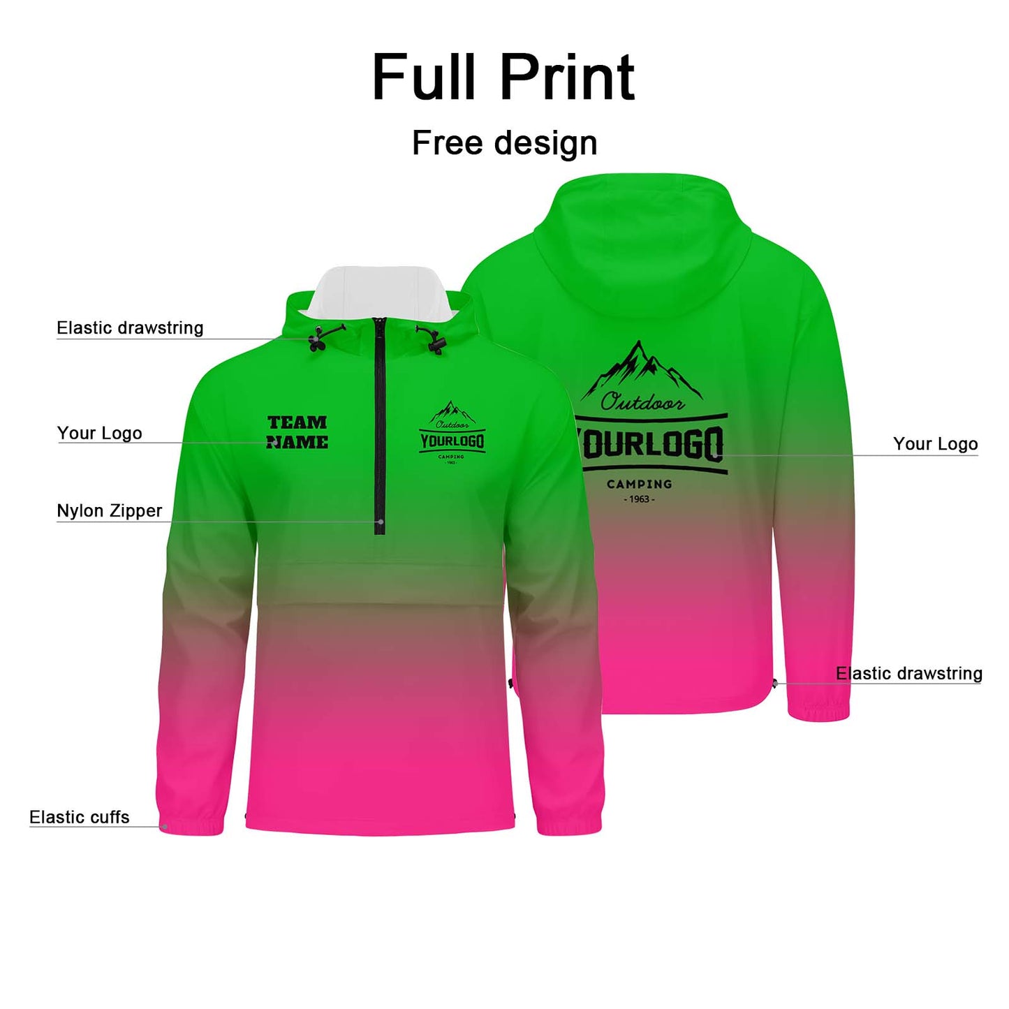 Anpassbare Grün Rosa Winddichte Softshell Kapuzenjacke - Vollverschluss, Logo- & Text-Druck