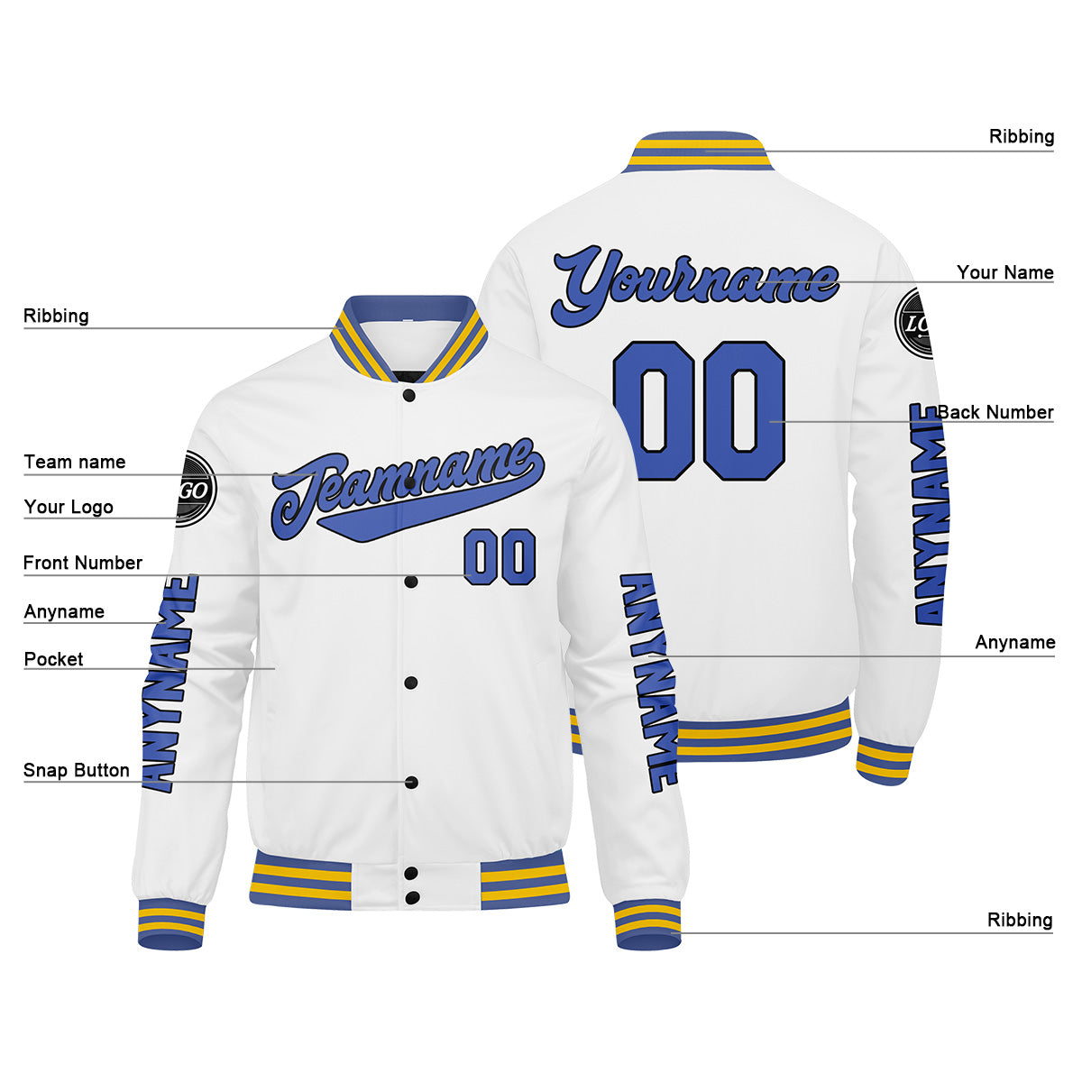 Maßgeschneiderte Weiß Blau Letterman Varsity Jacket Individuelle Stickerei Druck nach Ihrem Wunsch