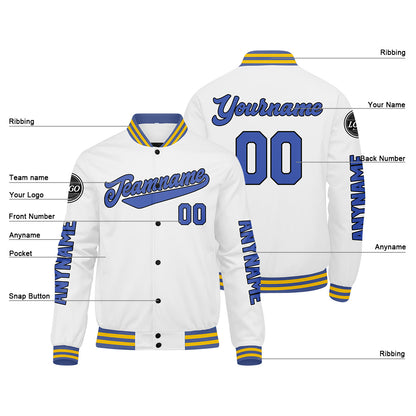 Maßgeschneiderte Weiß Blau Letterman Varsity Jacket Individuelle Stickerei Druck nach Ihrem Wunsch