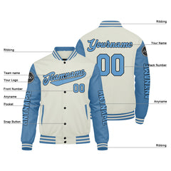 Maßgeschneiderte Hellblaue Creme Letterman Varsity Jacket Individuelle Stickerei Druck nach Ihrem Wunsch