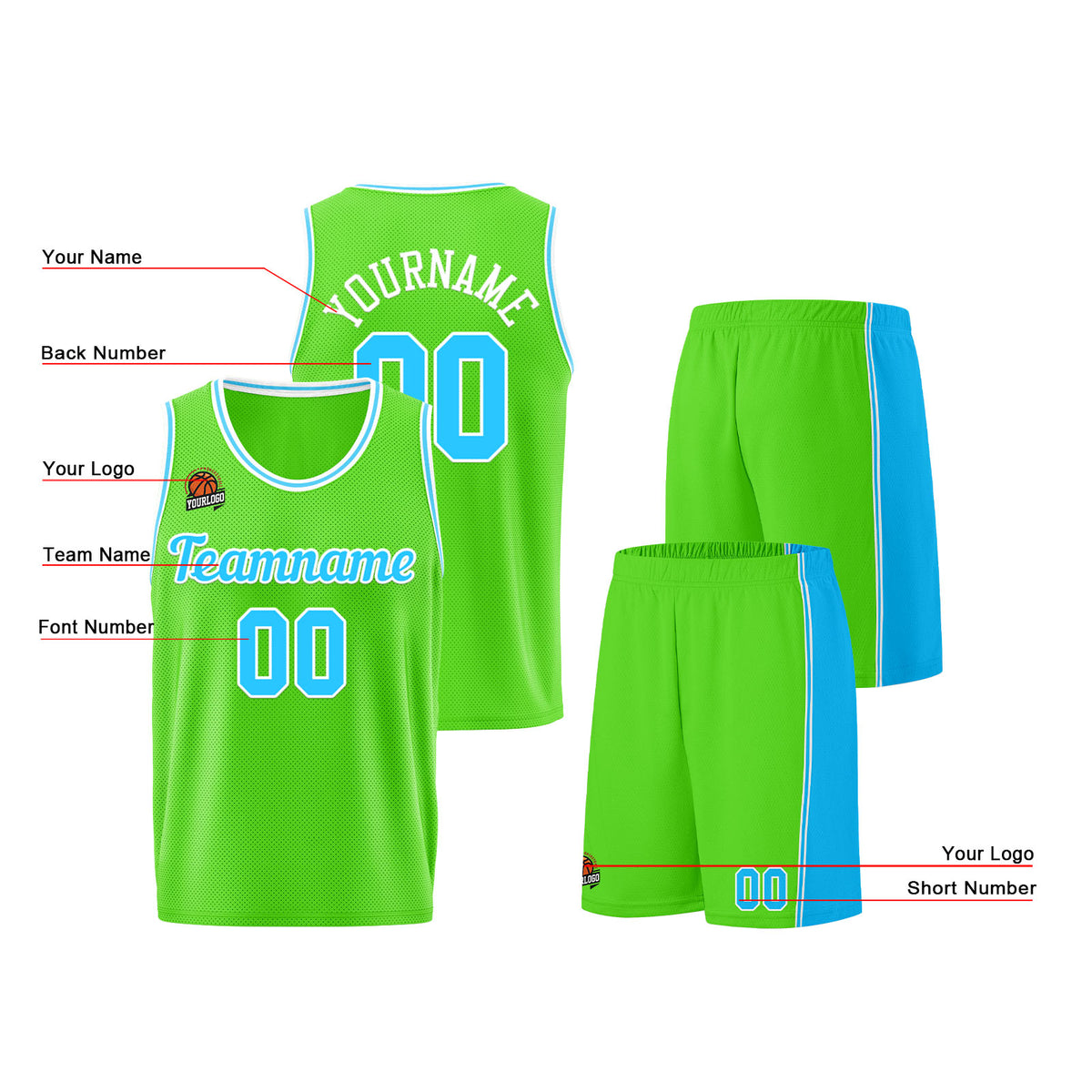 Individuelle Neongrün-Hellblau Basketball Jersey Shorts für Männer und Frauen Gestickter und gedruckter Name, Nummer und Logo