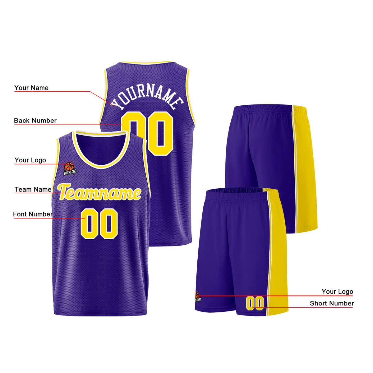 Individuelle Lila Gelb Basketball Jersey Shorts für Männer und Frauen Gestickter und gedruckter Name, Nummer und Logo