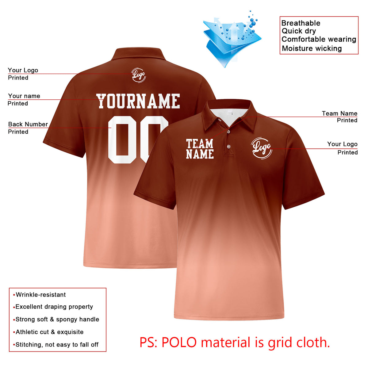 Benutzerdefinierte Braun Rosa Fußball Gradient Polo-Shirts Fügen Sie Ihr Einzigartiges hinzu Logo/Name/Nummer