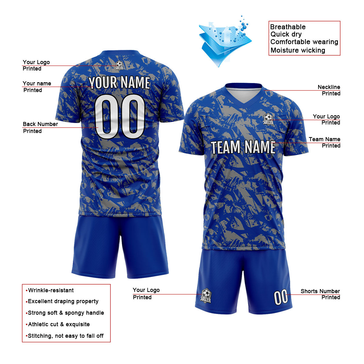 Benutzerdefinierte Royal Grau Fußball Trikots für Männer Frauen Personalisierte Fußball Uniformen für Erwachsene und Kind