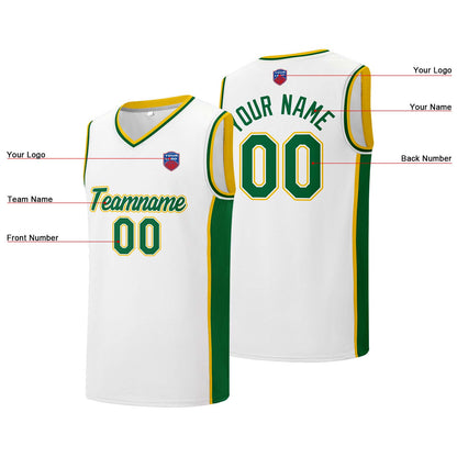 Individuelle Basketball-Jersey-Shorts für Männer und Frauen. Gestickter und gedruckter Name, Nummer und Logo Weiß&Grün&Gelb