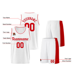 Individuelle Weiß-Rot Basketball Jersey Shorts für Männer und Frauen Gestickter und gedruckter Name, Nummer und Logo