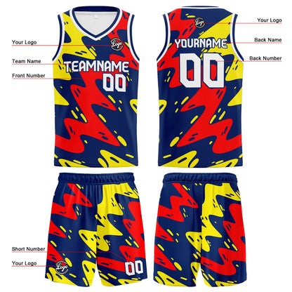 Benutzerdefinierter Marine Rot Gelb Basketball Jersey Uniform Anzug gedruckt Ihr Logo Name Nummer