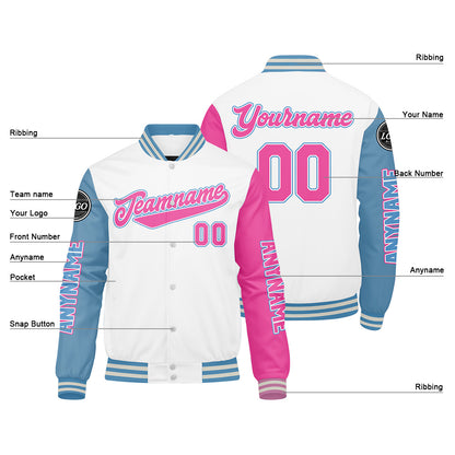 Maßgeschneiderte Weiß Lichtblau Rosa Letterman Varsity Jacket Individuelle Stickerei Druck nach Ihrem Wunsch