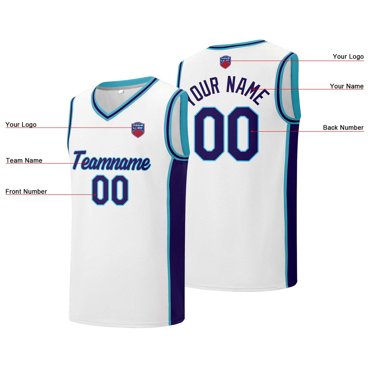 Individuelle Basketball-Jersey-Shorts für Männer und Frauen. Gestickter und gedruckter Name, Nummer und Logo Weiß&Lila