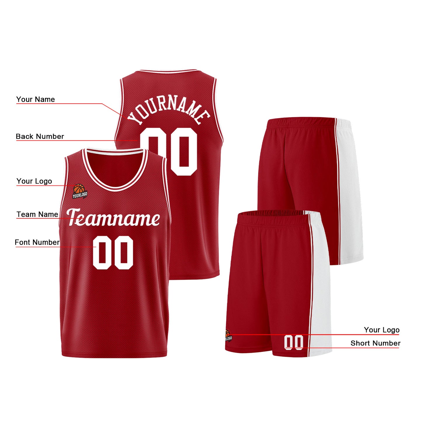 Individuelle Burgund Weiß Basketball Jersey Shorts für Männer und Frauen Gestickter und gedruckter Name, Nummer und Logo
