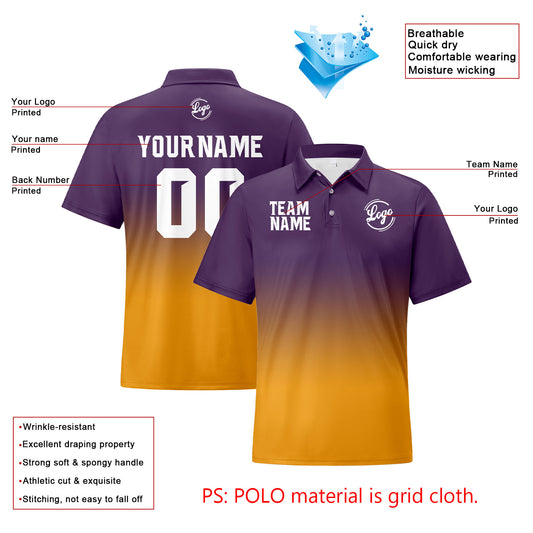 Benutzerdefinierte Lila Gelb Fußball Gradient Polo-Shirts Fügen Sie Ihr Einzigartiges hinzu Logo/Name/Nummer