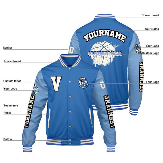 Maßgeschneiderte Hellblau Königlich Letterman Varsity Jacket Individuelle Stickerei Druck nach Ihrem Wunsch