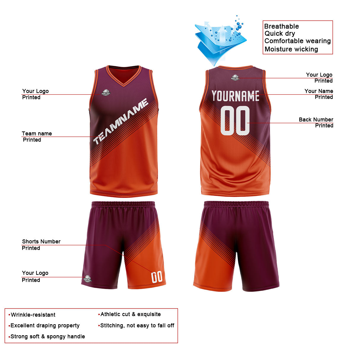 Benutzerdefinierte Lila Orange Reversible Basketball Jersey Personalisierte Print Name Nummer Logo