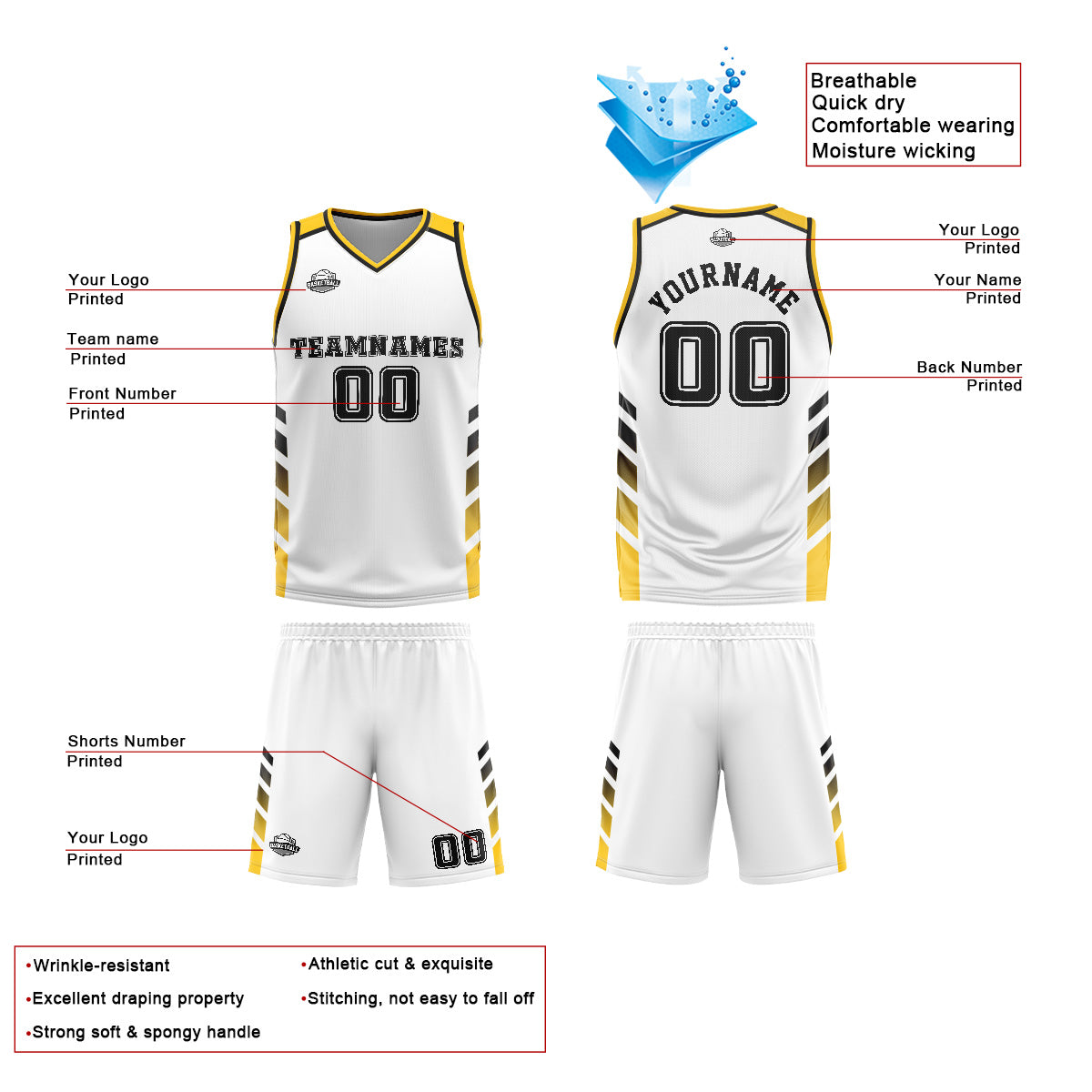 Benutzerdefinierter Weiß Gelb Basketball Jersey Uniform Anzug gedruckt Ihr Logo Name Nummer