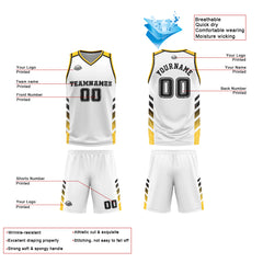 Benutzerdefinierter Weiß Gelb Basketball Jersey Uniform Anzug gedruckt Ihr Logo Name Nummer
