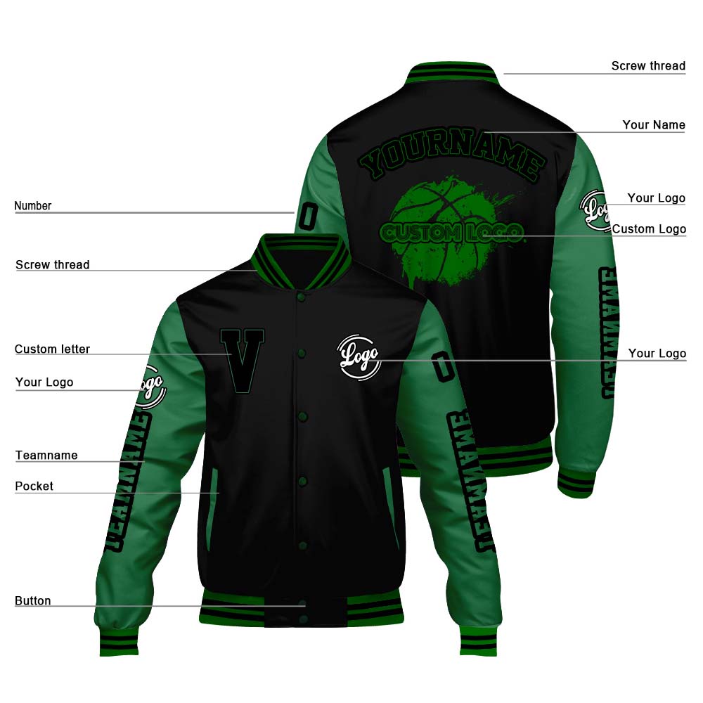 Maßgeschneiderte Schwarzes Gras Grün Letterman Varsity Jacket Individuelle Stickerei Druck nach Ihrem Wunsch