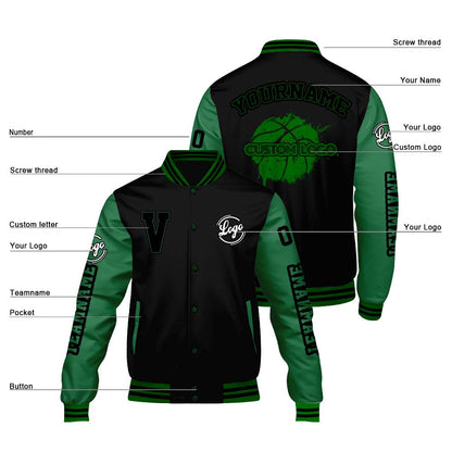 Maßgeschneiderte Schwarzes Gras Grün Letterman Varsity Jacket Individuelle Stickerei Druck nach Ihrem Wunsch