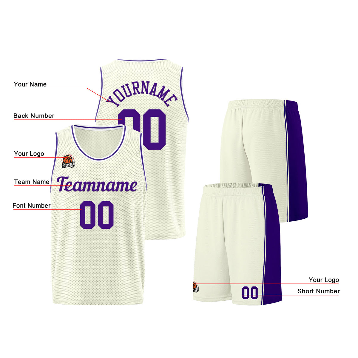 Individuelle Creme-Lila Basketball Jersey Shorts für Männer und Frauen Gestickter und gedruckter Name, Nummer und Logo