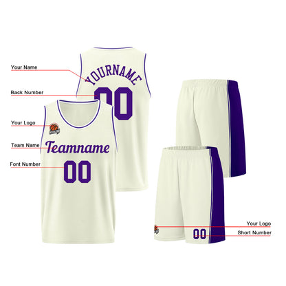 Individuelle Creme-Lila Basketball Jersey Shorts für Männer und Frauen Gestickter und gedruckter Name, Nummer und Logo