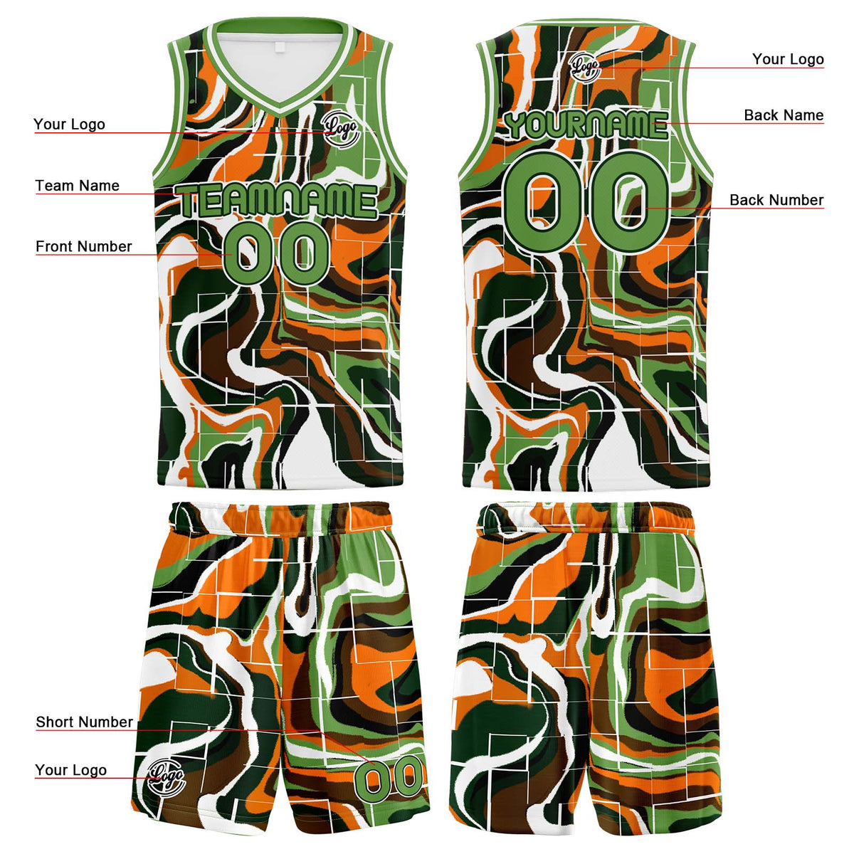 Benutzerdefinierter Grün Orange Basketball Jersey Uniform Anzug gedruckt Ihr Logo Name Nummer