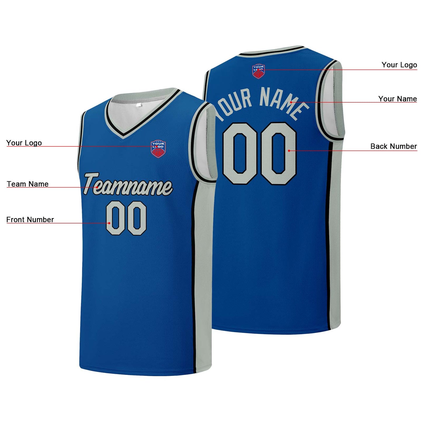 Individuelle Basketball-Jersey-Shorts für Männer und Frauen. Gestickter und gedruckter Name, Nummer und Logo Blau