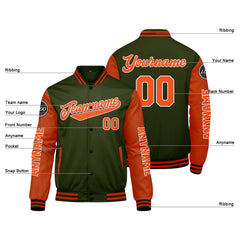 Maßgeschneiderte Olivengrün Orange Letterman Varsity Jacket Individuelle Stickerei Druck nach Ihrem Wunsch