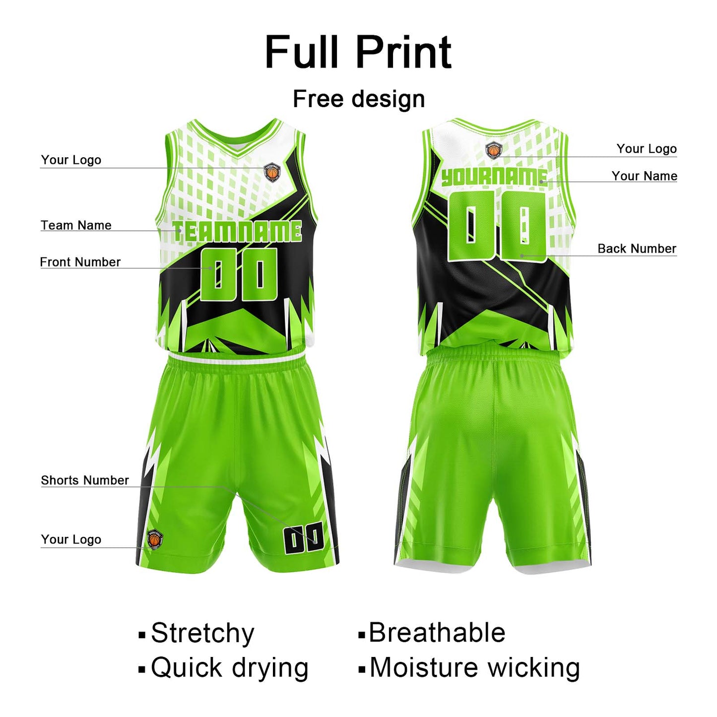 Benutzerdefinierter Neongrün Basketball Jersey Uniform Anzug gedruckt Ihr Logo Name Nummer
