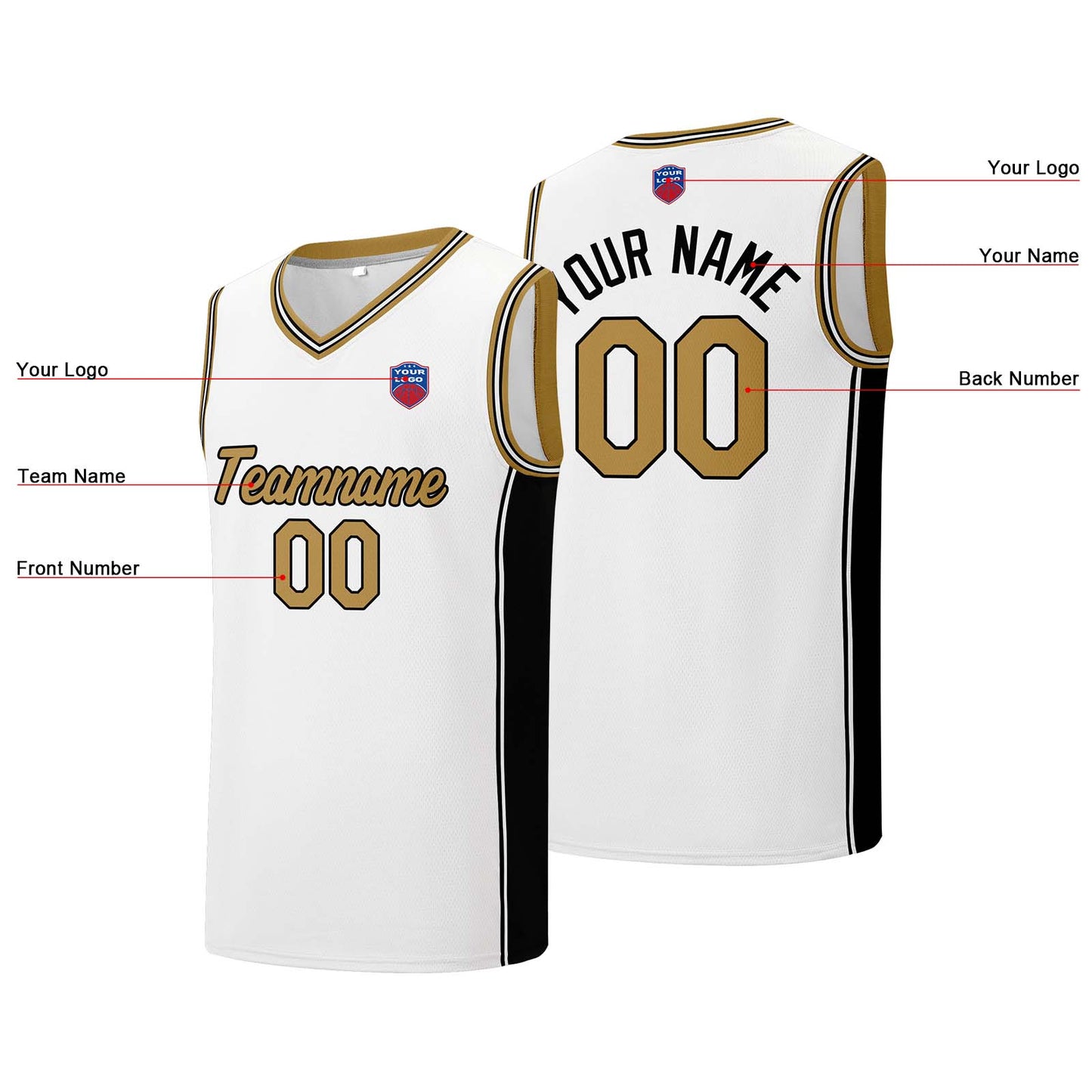 Individuelle Basketball-Jersey-Shorts für Männer und Frauen. Gestickter und gedruckter Name, Nummer und Logo Weiß