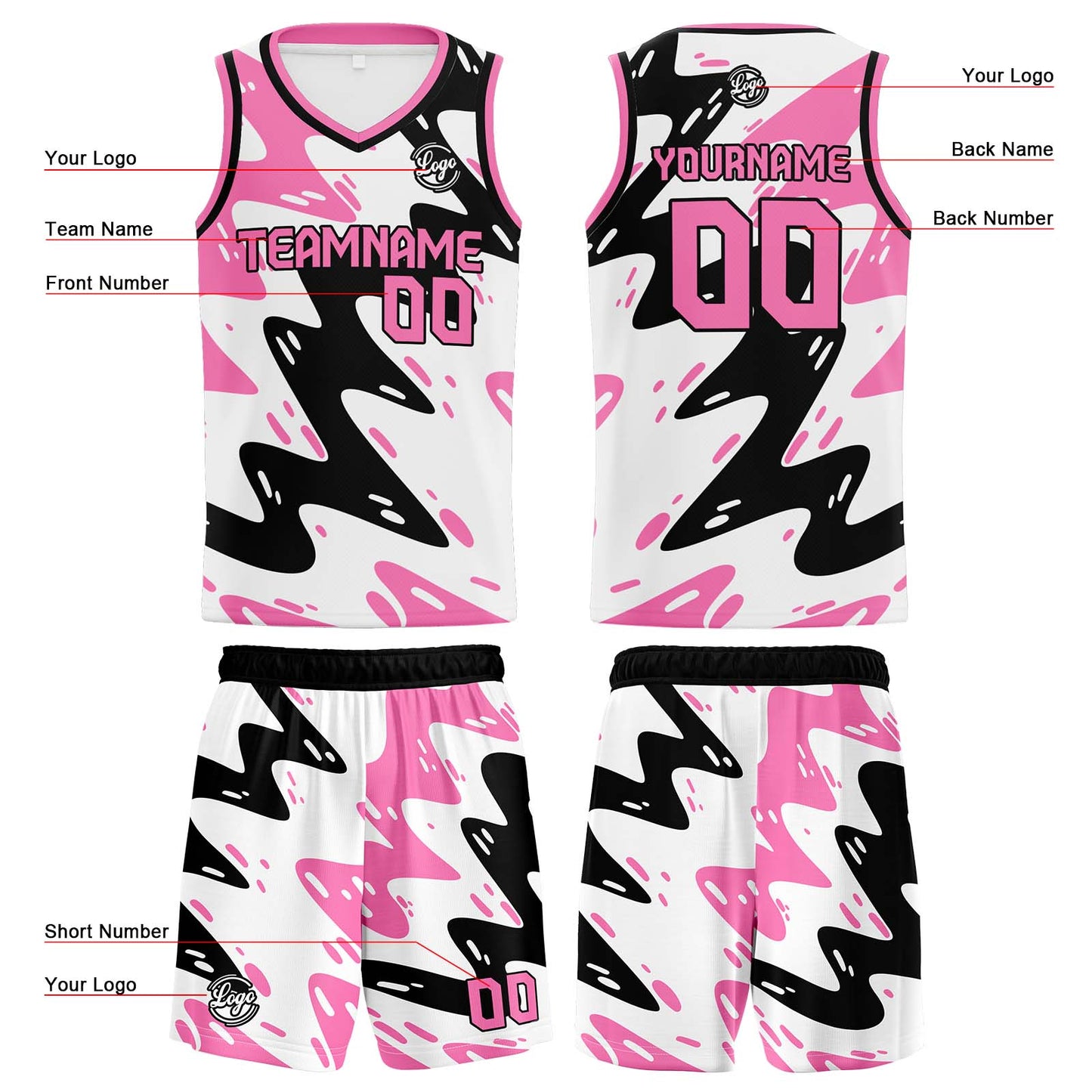 Benutzerdefinierte Weiß Schwarz Rosa Reversible Basketball Jersey Personalisierte Print Name Nummer Logo