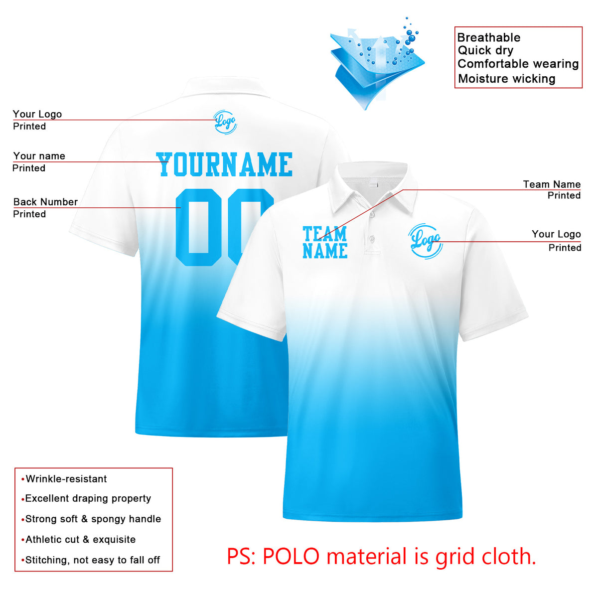 Benutzerdefinierte Weiß Blau Fußball Gradient Polo-Shirts Fügen Sie Ihr Einzigartiges hinzu Logo/Name/Nummer