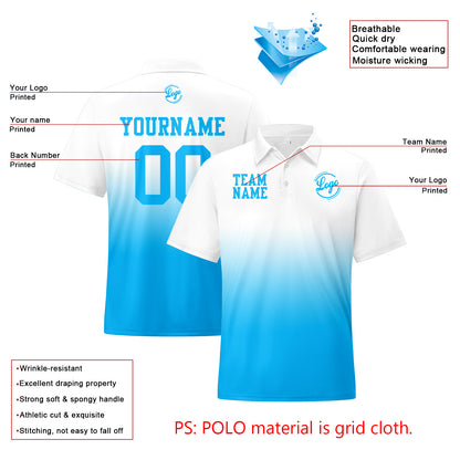 Benutzerdefinierte Weiß Blau Fußball Gradient Polo-Shirts Fügen Sie Ihr Einzigartiges hinzu Logo/Name/Nummer