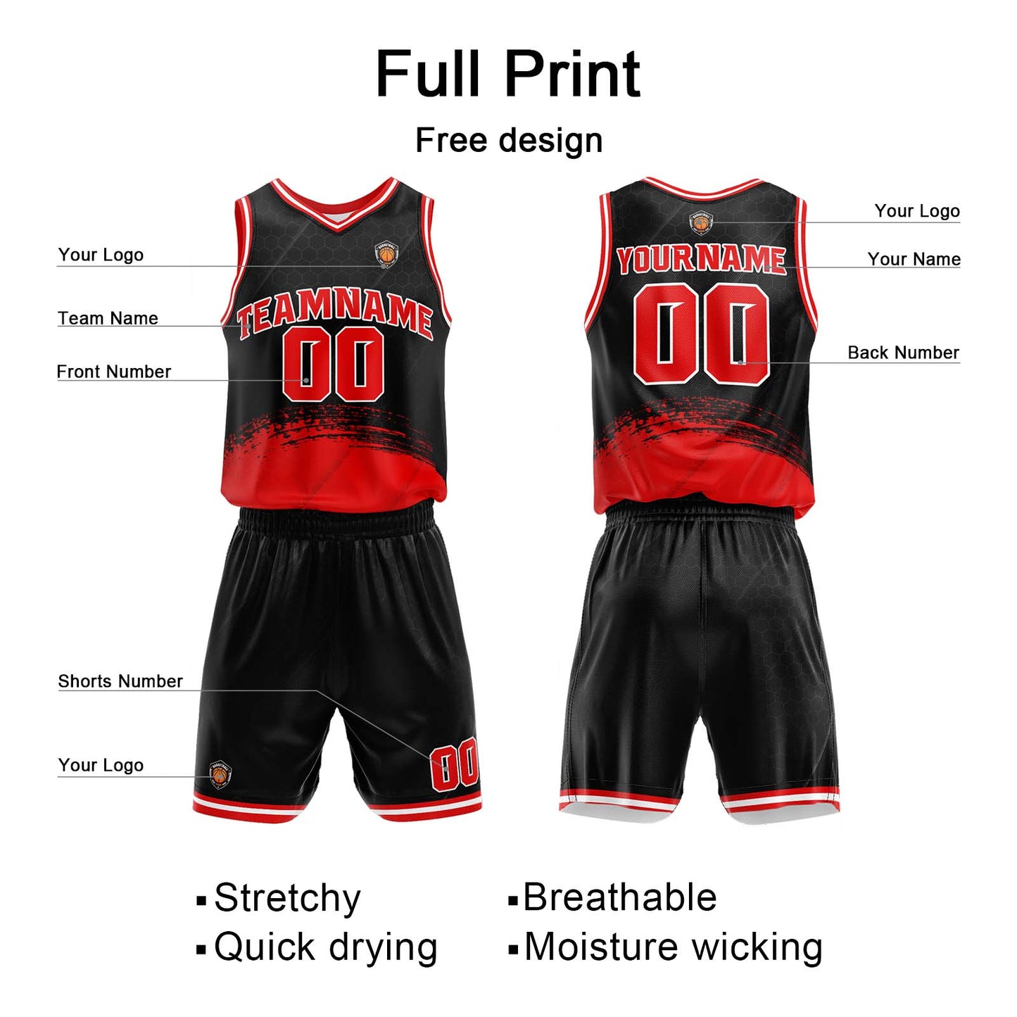 Benutzerdefinierter Schwarz Rot Basketball Jersey Uniform Anzug gedruckt Ihr Logo Name Nummer