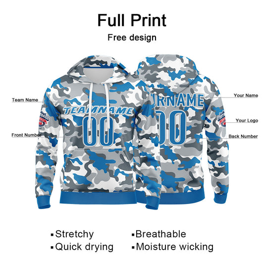 Benutzerdefinierter Sweatshirt-Hoodie für Mann, Frau, Mädchen, Junge. Drucken Sie Ihr Logo, Ihren Namen und Ihre Nummer Blau grau