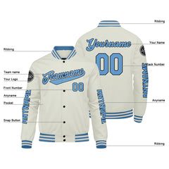 Maßgeschneiderte Creme Hellblau Letterman Varsity Jacket Individuelle Stickerei Druck nach Ihrem Wunsch