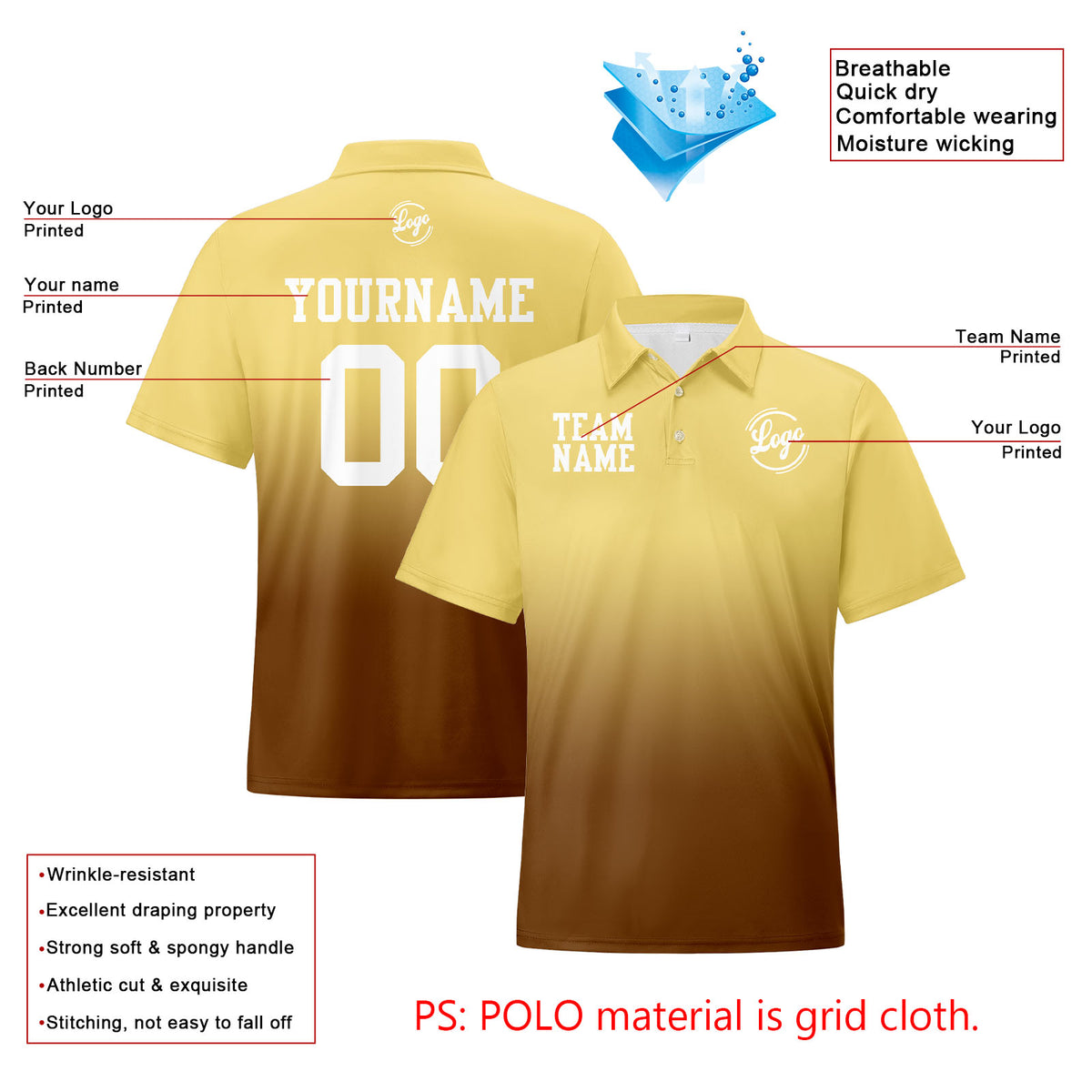 Benutzerdefinierte Hellgelb Braun Fußball Gradient Polo-Shirts Fügen Sie Ihr Einzigartiges hinzu Logo/Name/Nummer